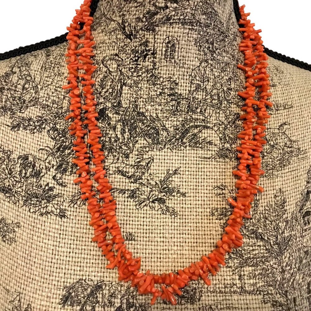 VTG Sterling Silver Branch Coral Necklace Double Strand 24" Filigree Clasp 100g